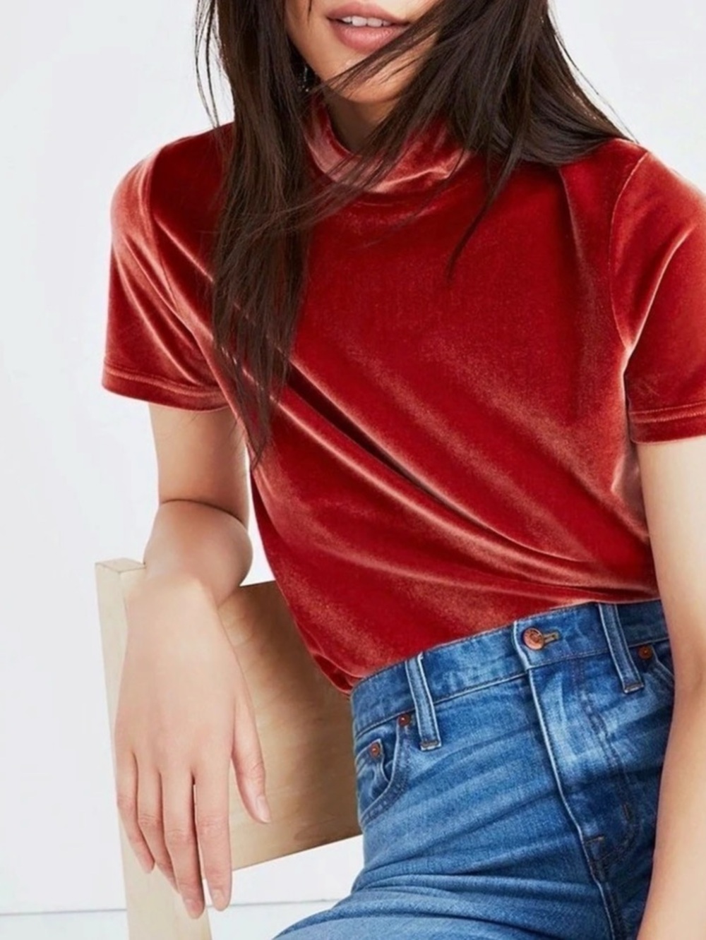 Madewell Velvet Mockneck Tee Red XS